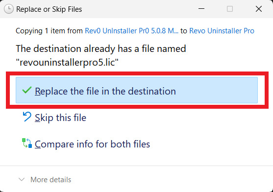 chọn "Replace the file in the destination"